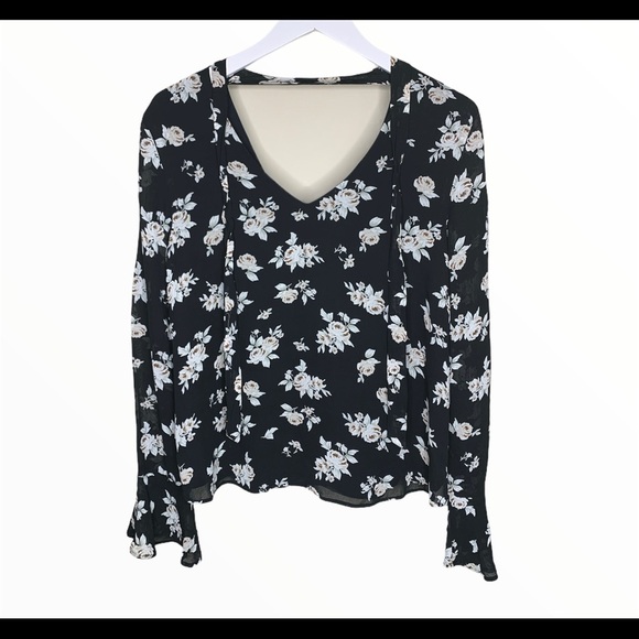 SANCTUARY Anthro Rosie Tie Blouse W Long Bell Style Sleeves Black Floral Size XS - Picture 3 of 13